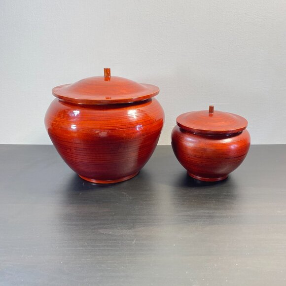Wooden Jar with Lid, Wood Container, Set of Two, VIETNAM, Vintage, Brown, Money - Picture 9 of 10